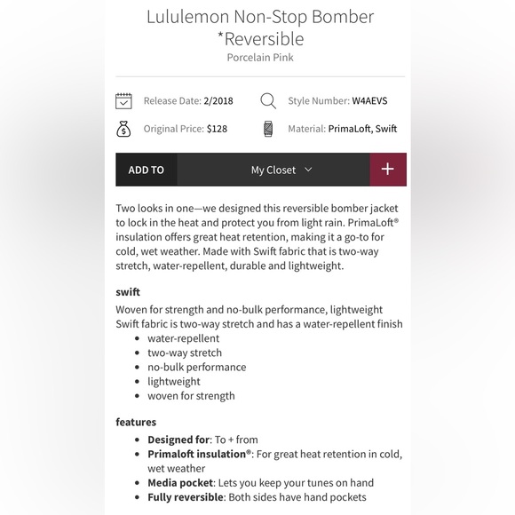 Lululemon Non-Stop Bomber Reversible Porcelain Pink Water Repellent Size 4 - Picture 3 of 16